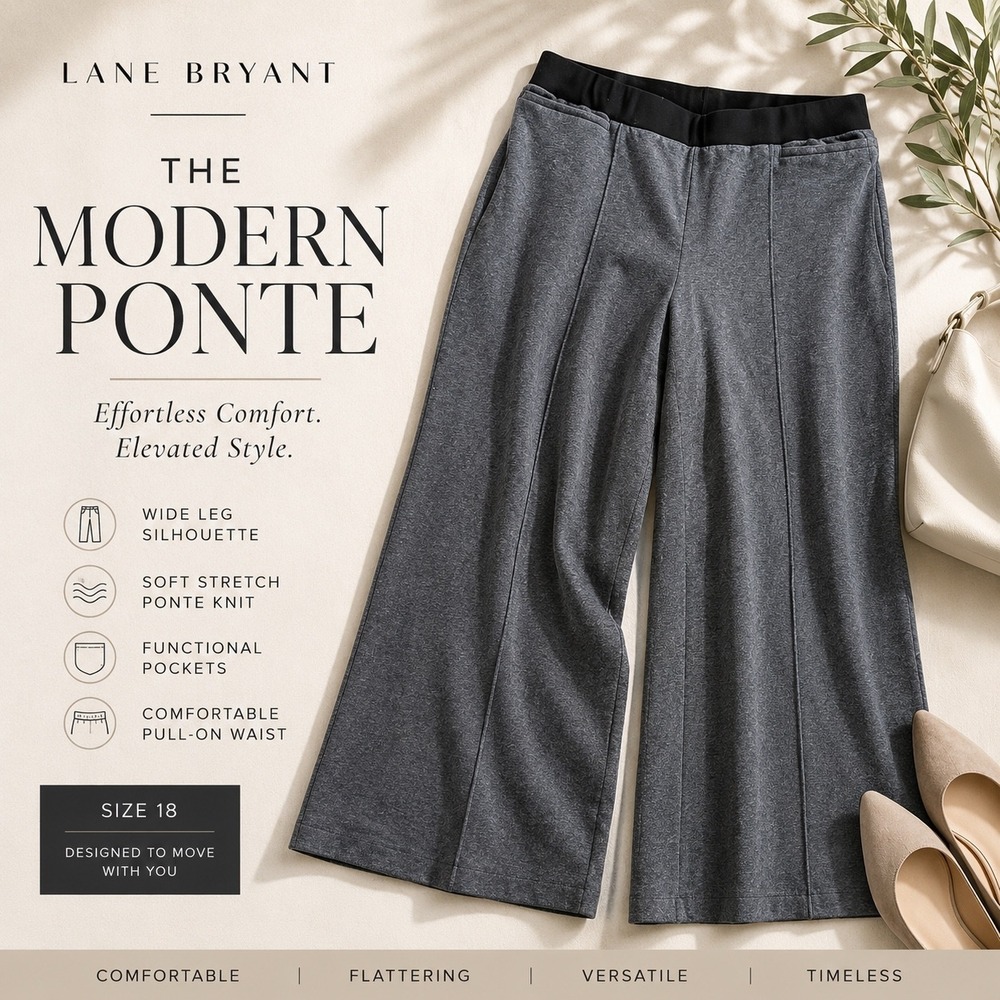 Lane Bryant Ponte Knit Wide Leg Pants Womens Gray Pull On Stretch Career Casual